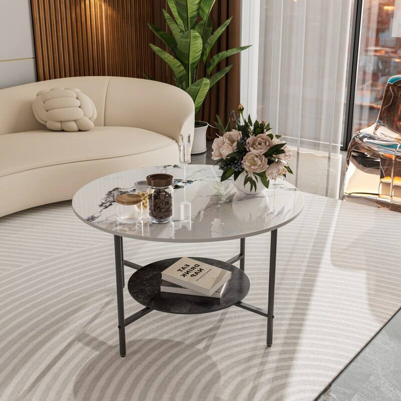 Round Coffee Table 31.5" Coffee Tables for Living Room High Glossy Faux Marble Cocktail Table with Storage Open Shelf