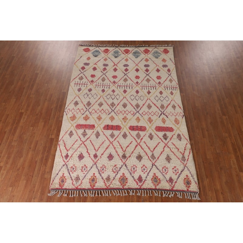 Tribal Moroccan Area Rug Handmade Beige Wool Carpet - 7'0" x 10'4"