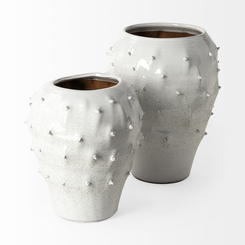 White Spiked Organic Glaze Large Mouth Ceramic Vase