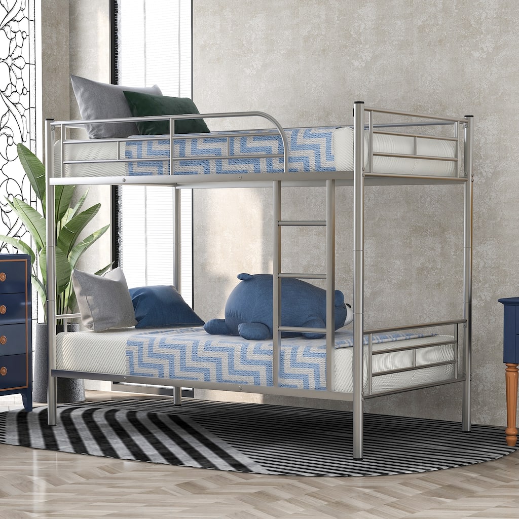 Silver Twin Over Twin Metal Bunk Bed with Safety Guardrails & Space-Saving Design