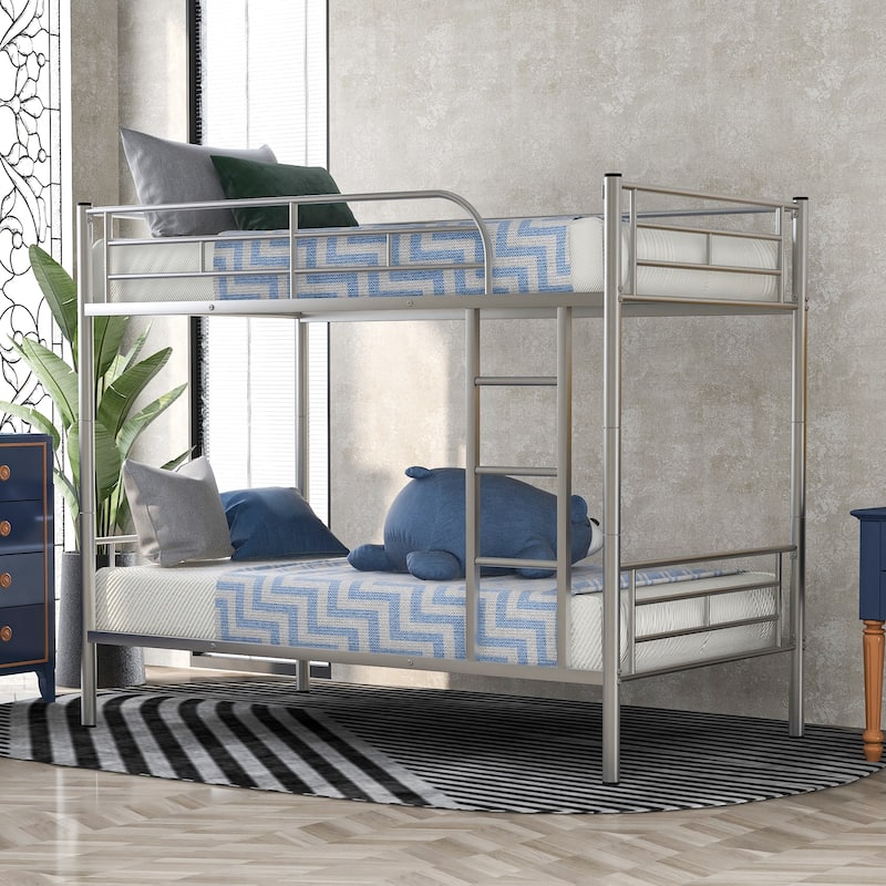 Twin Iron Bunk Bed with Guardrails - Silver