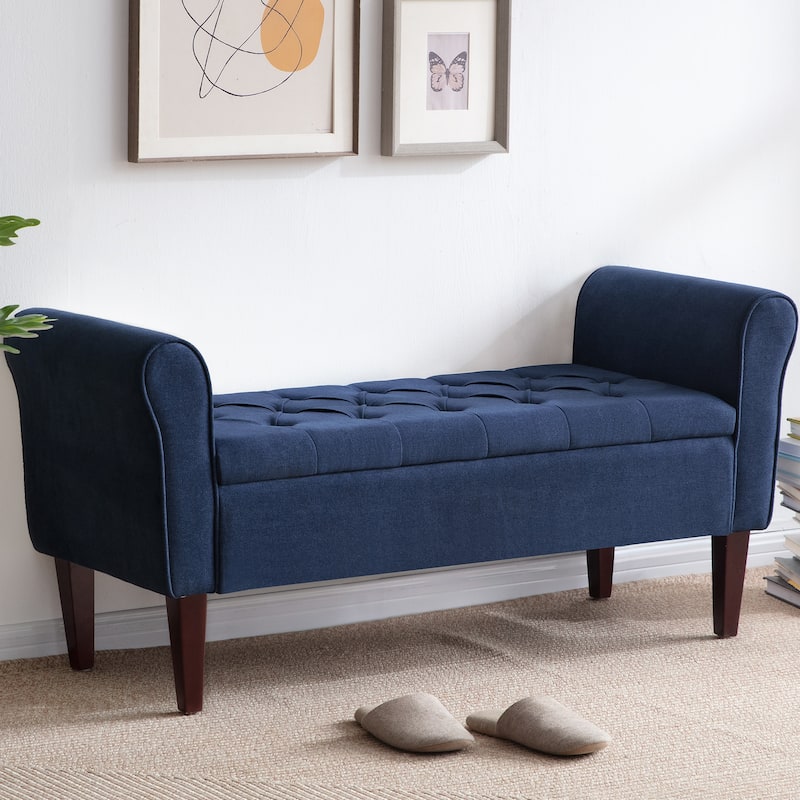 Arm Fabric Storage Ottoman Bench with Solid Wood Legs, 48"W x 18"D x 23"H - Dark Blue