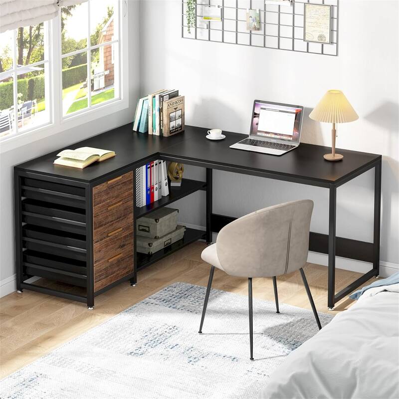 59" Reversible Corner Desk with Drawers - Black+Brown