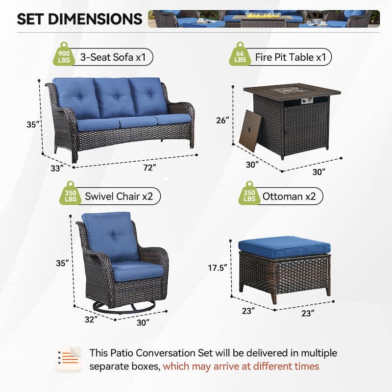Gymojoy 6-Piece Outdoor Furniture Sofa Set with 2 Swivel Chairs, 2 Ottomans & 55K BTU Fire Pit Table