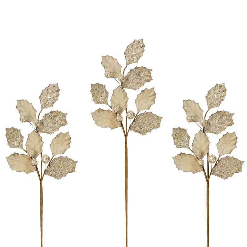 27" Glitter Holly Leaf Spray