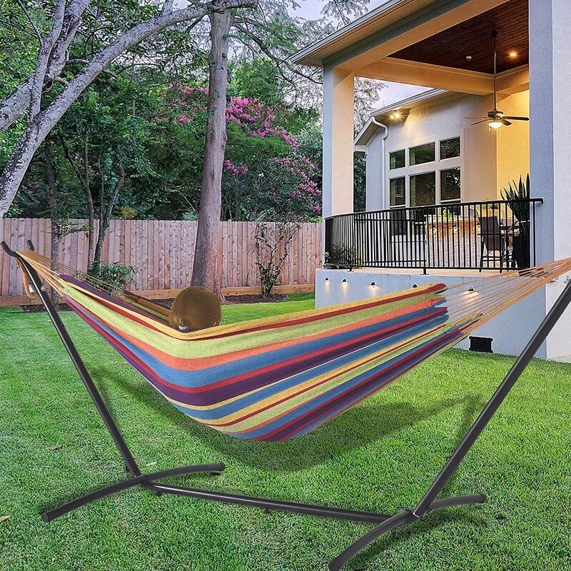 Double Cotton Hammock with Heavy Duty Steel Stand