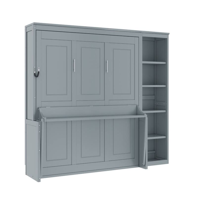 Full/Queen Size Murphy Bed with Bulit-in Desk and Bookshelf, Foldable Murphy Cabinet Bed with Open Storage Shelves