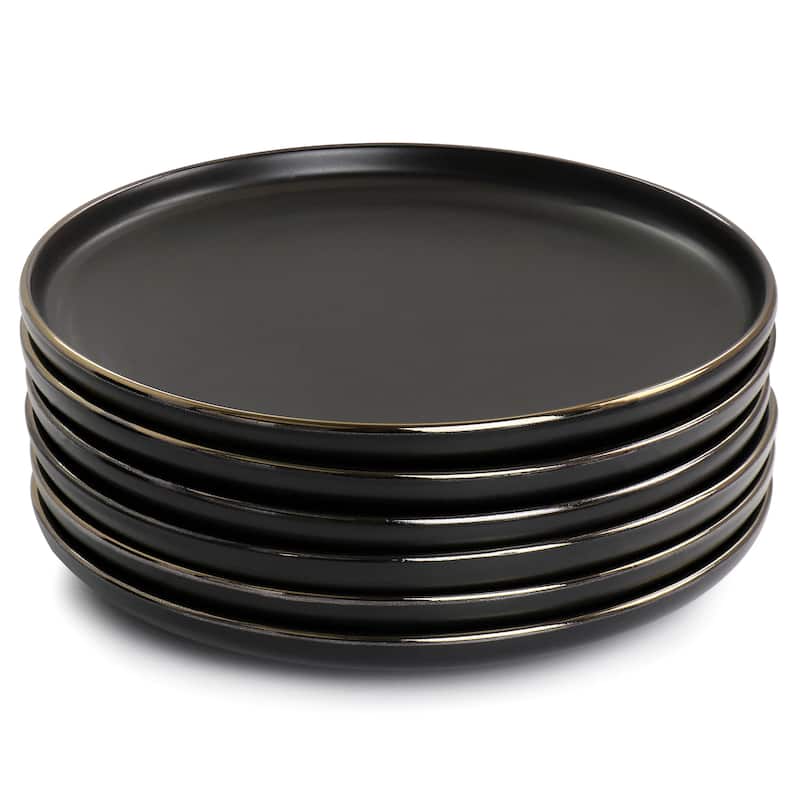 Batley 6 Piece Gold Rim Stoneware Salad Plate Set in Black