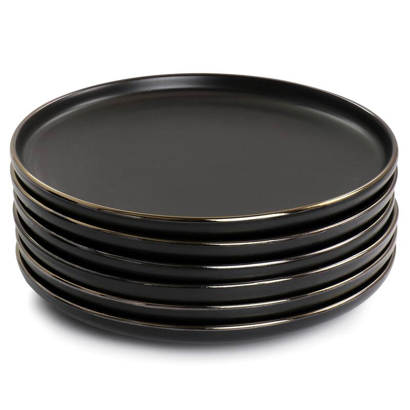 Elama Paul 6 Piece Stoneware Salad Plate Set in Matte Black with Gold Rim - 8 Inches