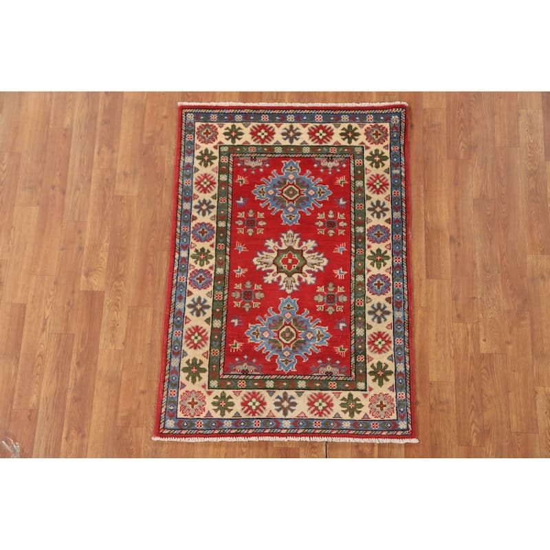 Geometric Red Kazak Accent Rug Handmade Wool Carpet - 2'9" x 3'11"