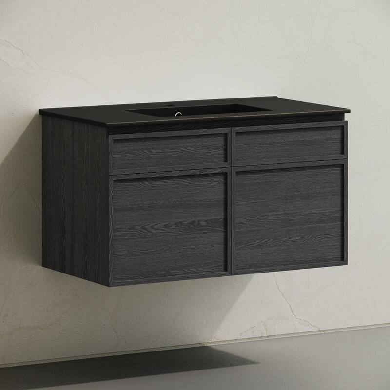 St. Tropez 36" Wall-Mounted Bathroom Vanity In Black Oak With Black Sink Top - 36