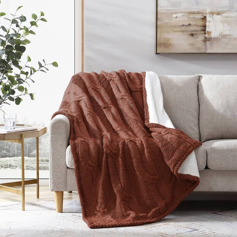 Modern Threads Cable Knit/Sherpa Throw - Nutmeg