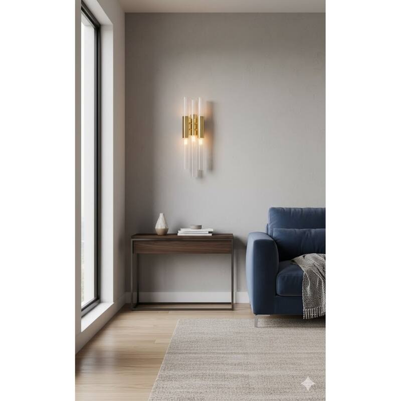 3 Light Gold Wall Sconce with Clear Glass Tube Accents