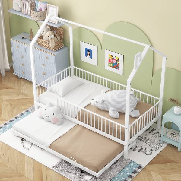 slide 2 of 17, House-Shaped Metal Twin Size House Bed with Fence and Trundle White