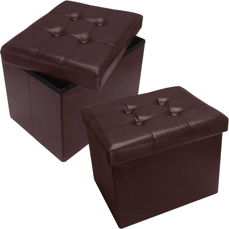 2PC Storage Ottoman Folding Foot Rest Stool - Brown
