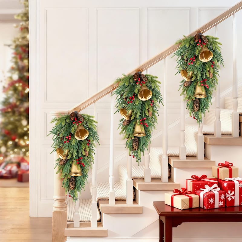 Glitzhome Christmas Berry Bow Pinecone Bell Holy Leaf Teardrop Swag Xmas Wreath
