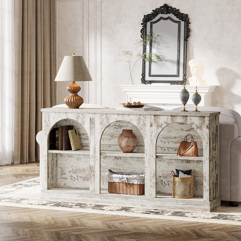 63-Inch Farmhouse Console Table with 3 Tier Storage - Antique White