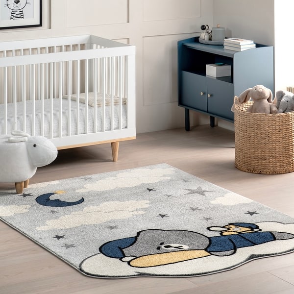 slide 2 of 9, Nuloom Ryder Sleeping Bear Kids Area Rug 4' x 6' - Light Grey - Rectangle
