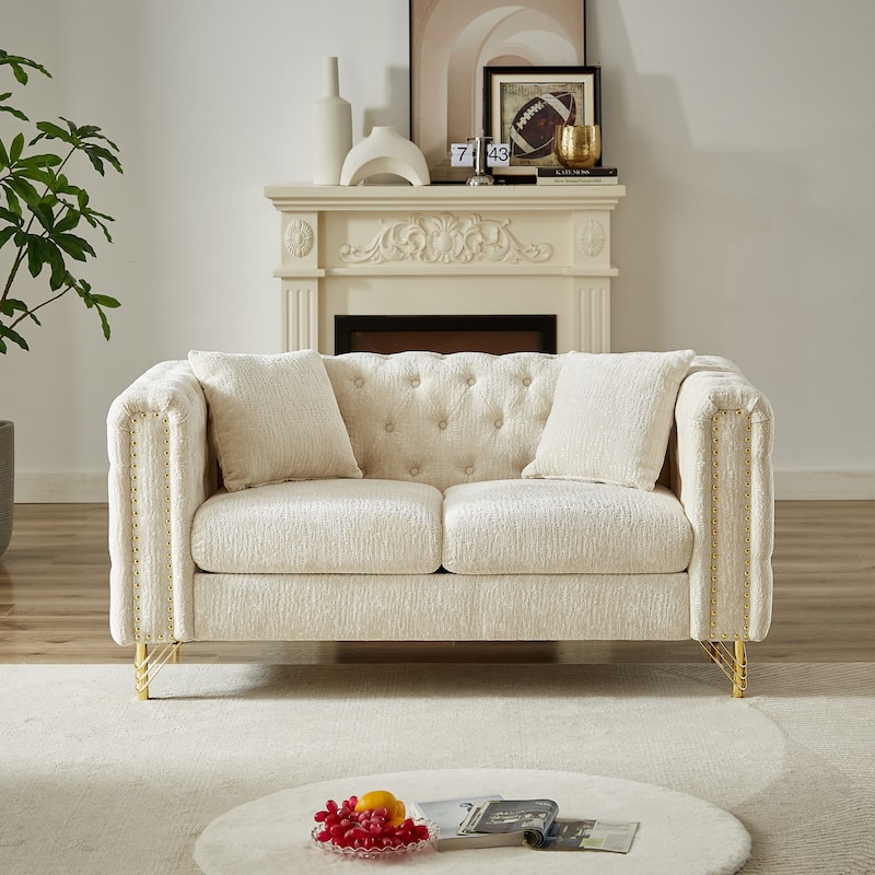 60-Inch Chenille Chesterfield Sofa, Living Room Couch with Buttons Tufted/Copper Nail Decoration Armrest