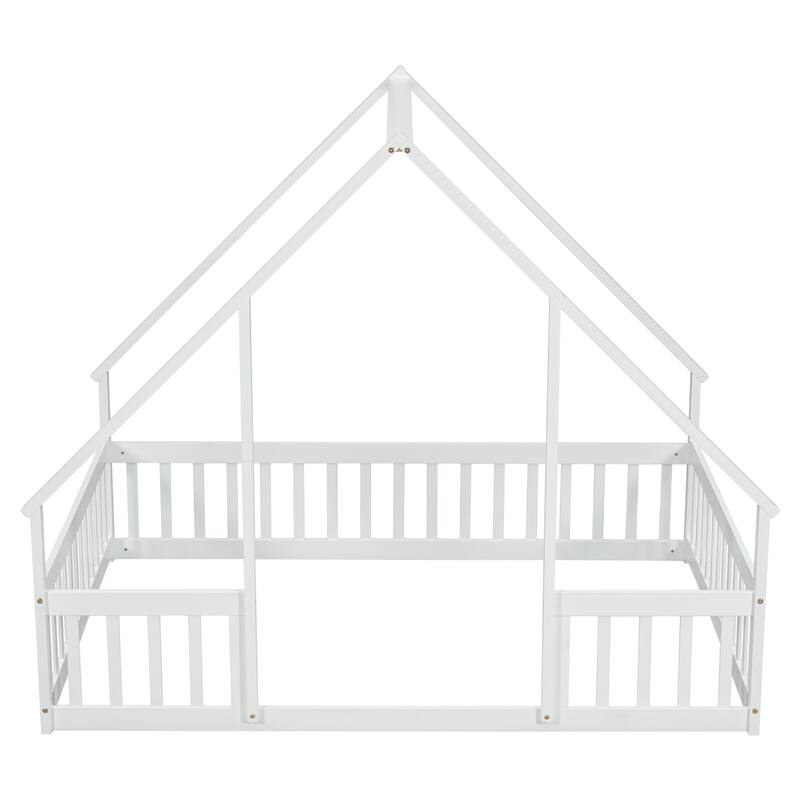 Full Size Pine House-Shaped Floor Bed with Roof & Guardrails