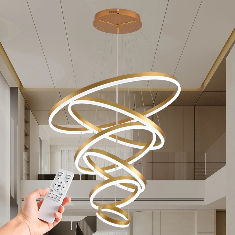 6 Rings Modern LED Chandelier Gold High Ceiling Chandelier with Remote Control Dimmable Gold