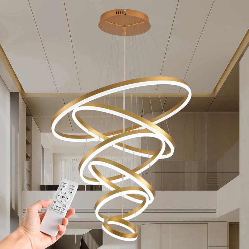 6-Rings Modern LED Chandelier Gold High Ceiling Chandelier with Remote Control Dimmable