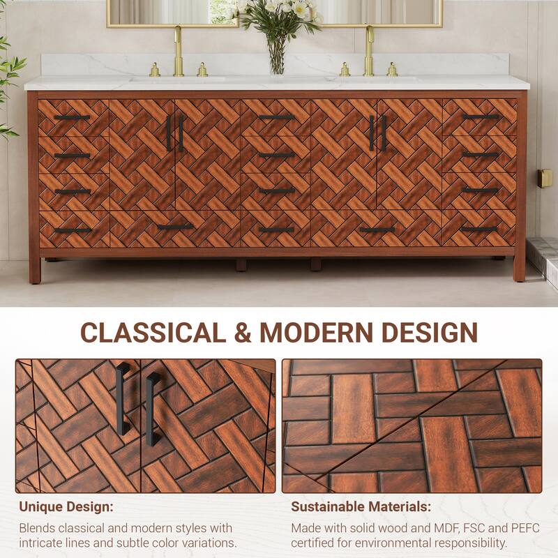 84" Freestanding Bathroom Vanity with Engineered Stone Top, Ceramic Double-Sink, Built-In Power Outlet, and Hair Dryer Storage