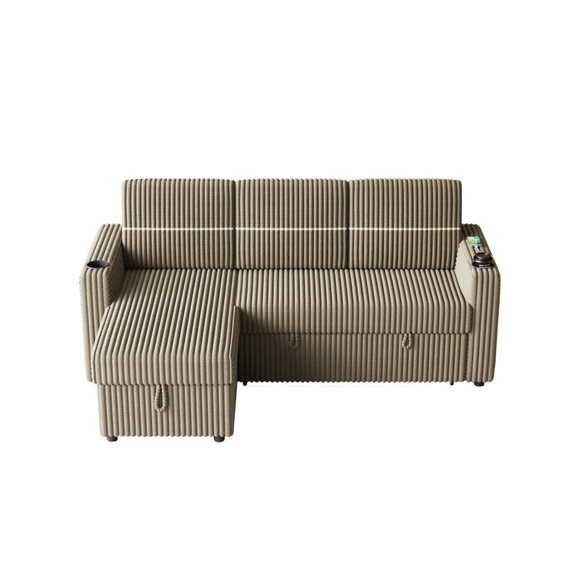 3-Seater Sleeper Sofa Bed with Corduroy Fabric, Storage Chaise, USB Charger, and Cup Holders