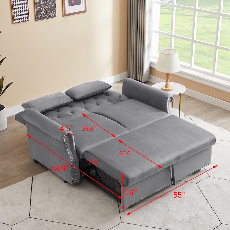 Velvet Pull Out Loveseat Sofa Convertible Sleeper Loveseat Bed with 2 Pillows Rivet Arm Lounge Couch Tufted Sofa