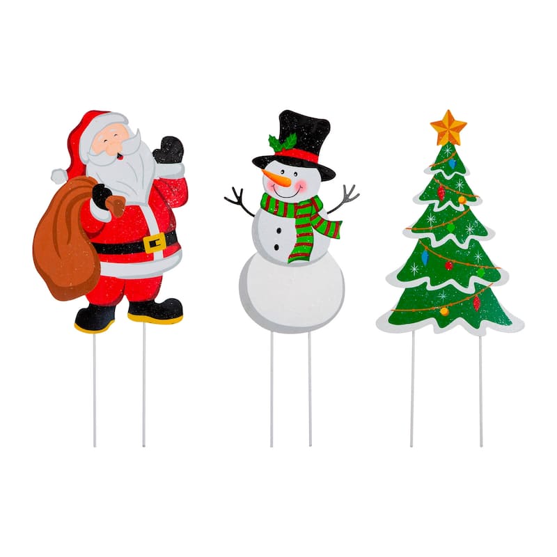Glitzhome Set of 3 Metal Santa/Snowman/Tree Yard Stake or Wall Decor