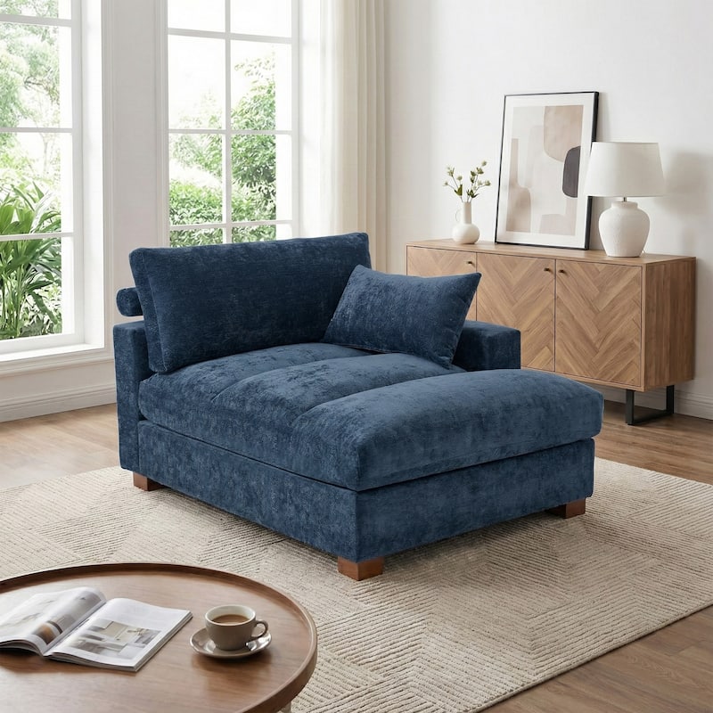 Mid-Century Chenille Adjustable Headrest Chaise Lounge Sofa - Blue - Right Facing