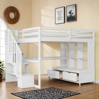 Full Size Loft Bed with Desk and Shelves,Two Drawers,Storage Staircase