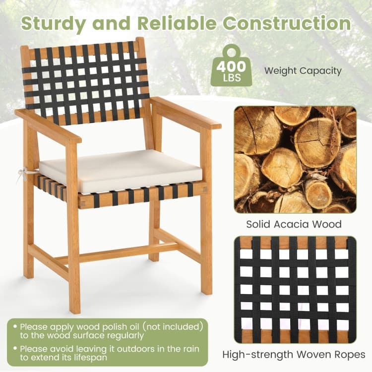 Natural-Off White Acacia Wood Outdoor Dining Chairs Set of 2 with Cushions - 23” x 22.5” x 34” (L x W x H)