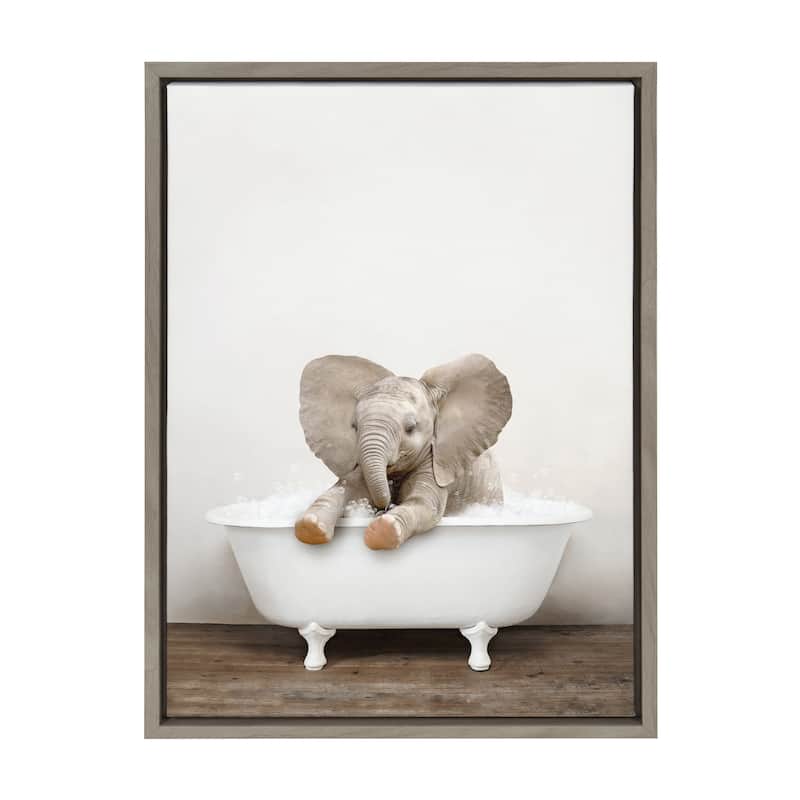 Kate and Laurel Baby Elephant Bath Framed Canvas by Amy Peterson