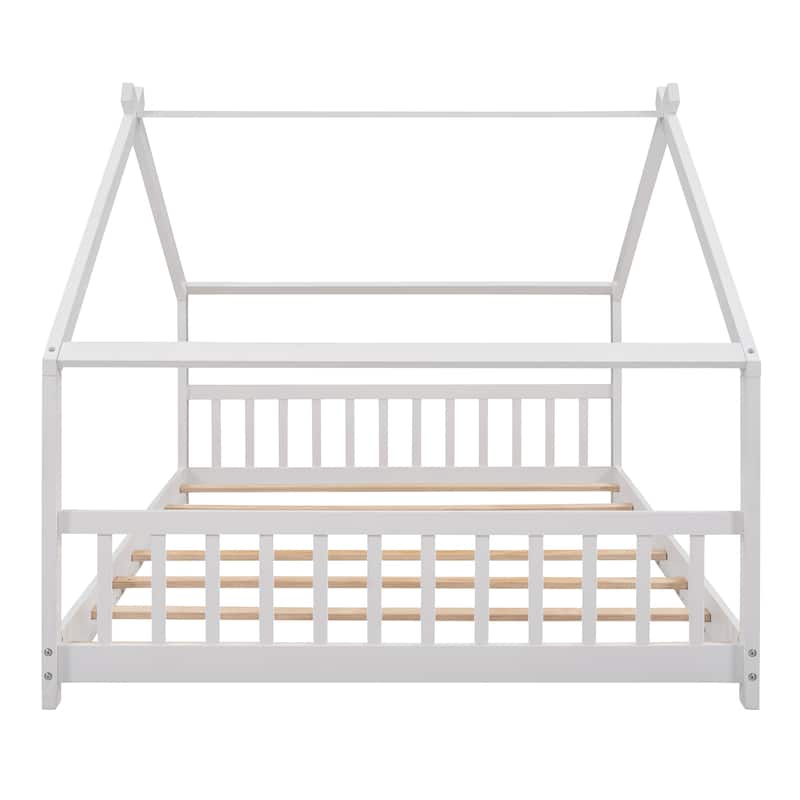 Full Size Playhouse Design Wood Bed with Roof and Semi-Enclosed Space.
