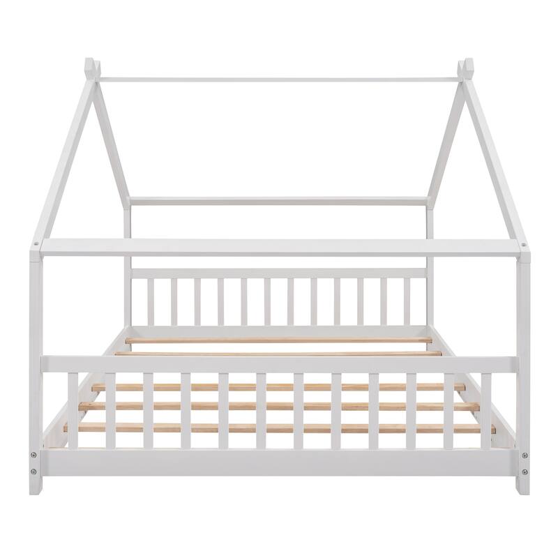 Wooden House Bed Frame with Headboard and Footboard, Cute Montessori Platform Bed with Roof for Kids, Teens, Boys or Girls