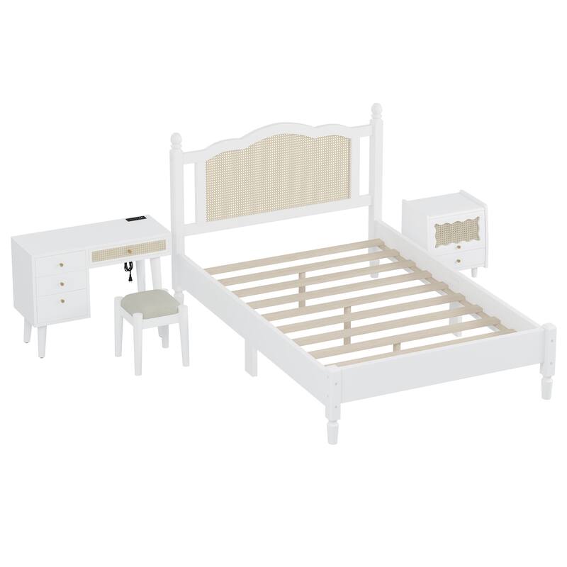 Wooden Platform Bed with Rattan Headboard Curved Wingback Bed Vintage Bed Frame Wood Slat Support Bed with Underbed Storage
