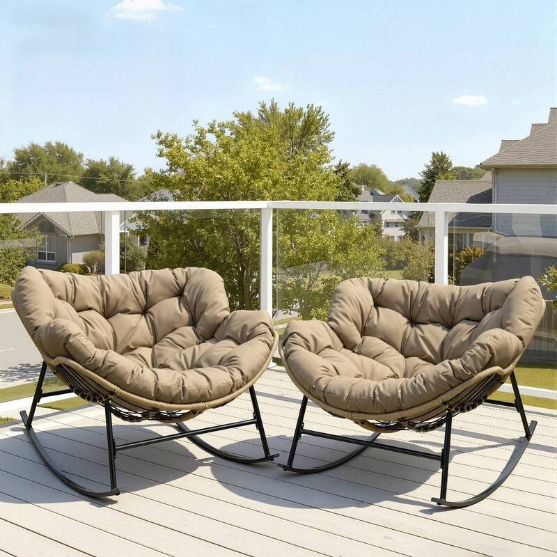 FINCATI Indoor Outdoor Royal Papasan Rocking Chair, 450 lbs Capacity Outdoor Papasan Rocking Chair with Padded Cushion - 2 PCS-Brown