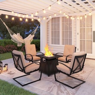 PHI VILLA Gas Fire Pit Table Set, 50000 BTU Auto-Ignition Propane Gas Fire Pit Table with 4 Spring Motion Cushion Chairs