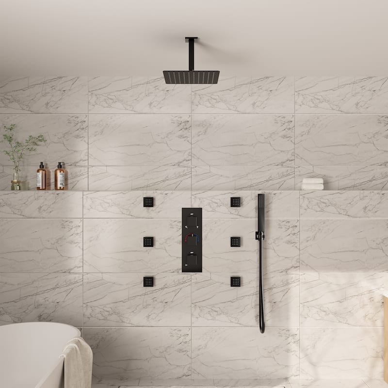 Thermostatic 3-Spray 12 in. Ceiling Mount Shower System with Handheld Shower Head and 6 Body Jets - 12" x 12"