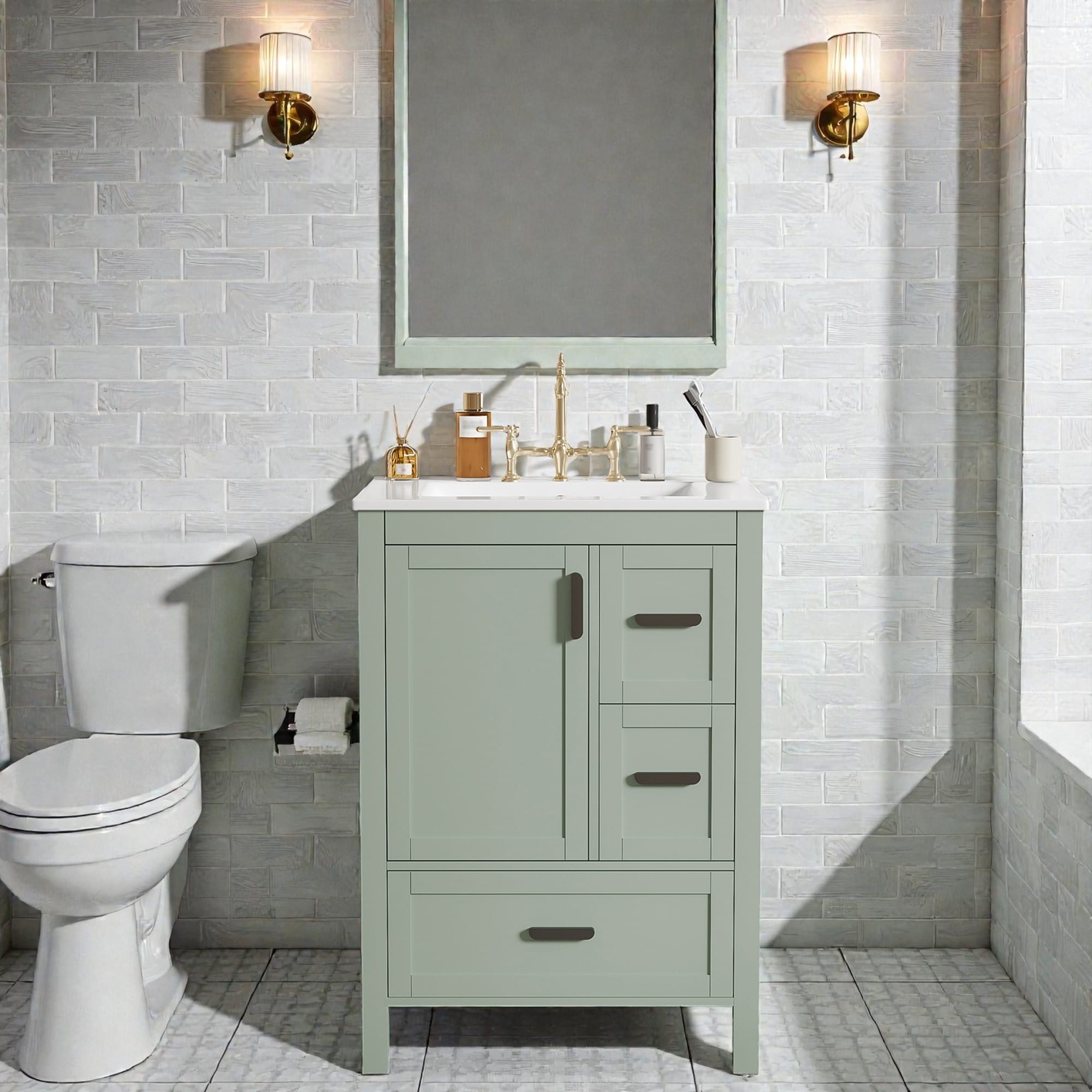 24" Bathroom Vanity with Ceramic Sink, Soft-Close Door, Double-Shelf Storage & 3 Drawers, Solid Wood Frame