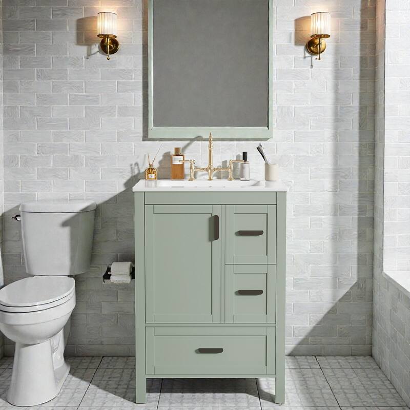 24" Bathroom Vanity with Ceramic Sink, Soft-Close Door, Double-Shelf Storage & 3 Drawers, Solid Wood Frame - Green