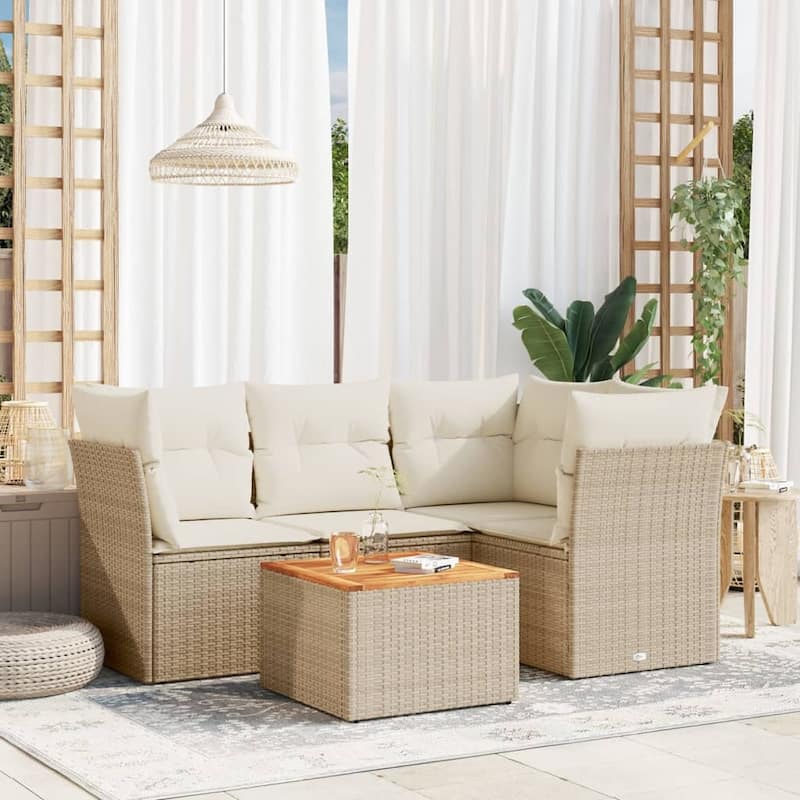 vidaXL Patio Sofa Set with Cushions Outdoor Furniture 5 Piece Poly Rattan - 21.7 x 21.7 x 14.6 - Beige and cream