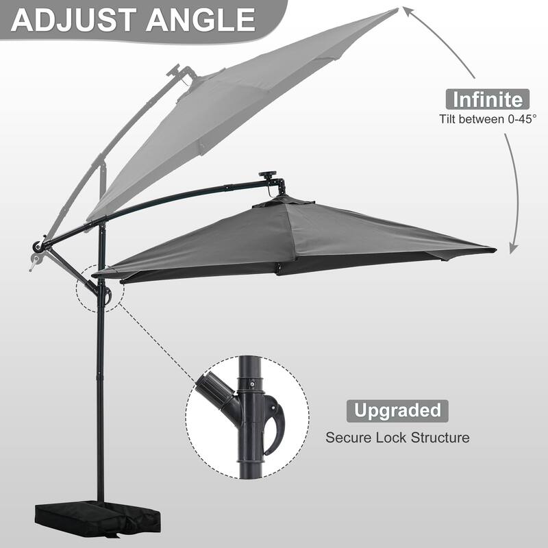 Autlaycil 10ft Offset Hanging Market Patio Umbrella With Base&Solar Lights