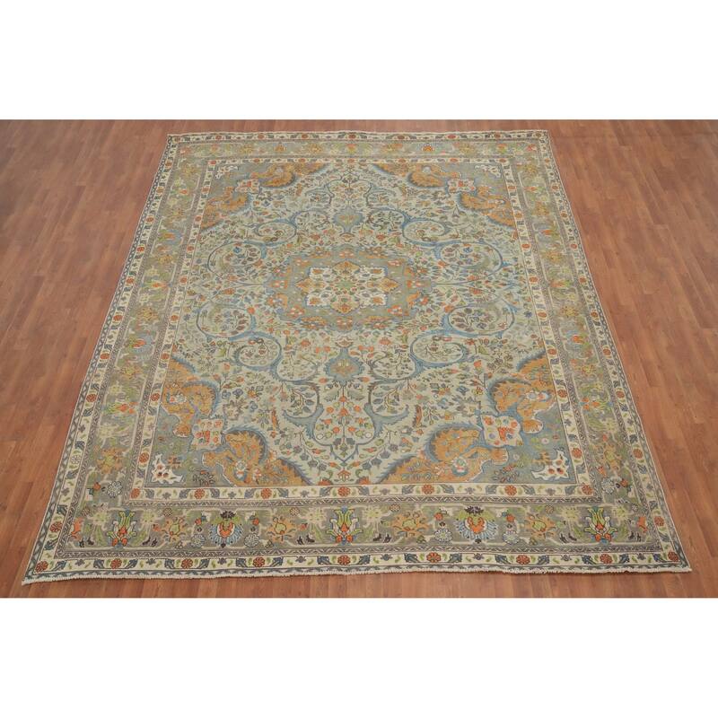 Hand Knotted Oriental 100% Wool Carpet Traditional Floral Greys & Charcoal Tabriz Area Rug - 12' 4'' X 10' 1''