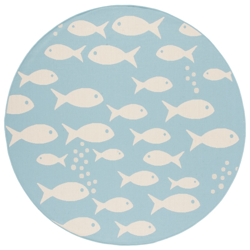SAFAVIEH Courtyard Illa Indoor/ Outdoor Waterproof Patio Backyard Rug - 6'7" x 6'7" Round - Aqua/Beige