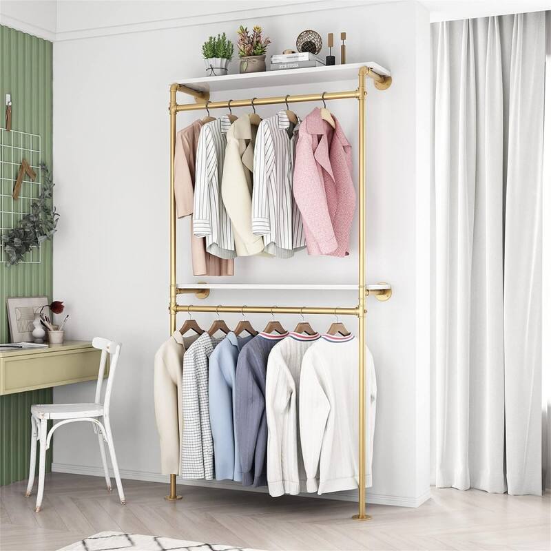 Gold Pipe Clothing Racks with 2 Tier Shelves - Gold-2shelf - 9.8"D x 39.4"W x 82.7"H