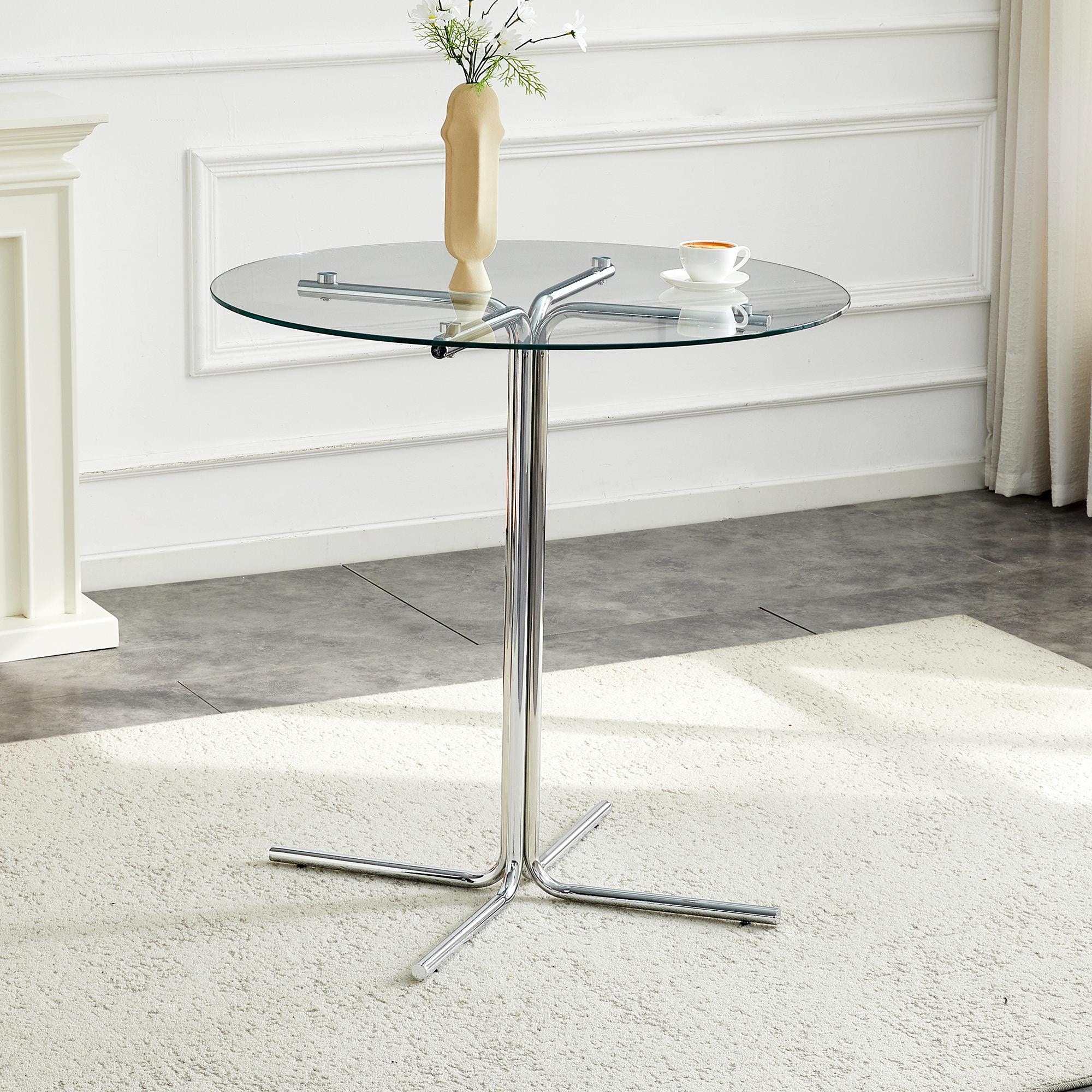 Round Glass Bar High Table 36-Inch Tempered Glass Top Sturdy Support