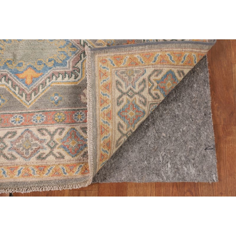 Geometric Grey Kazak Oriental Rug Bedroom Hand-Knotted Wool Carpet - 4'0"x 5'10"