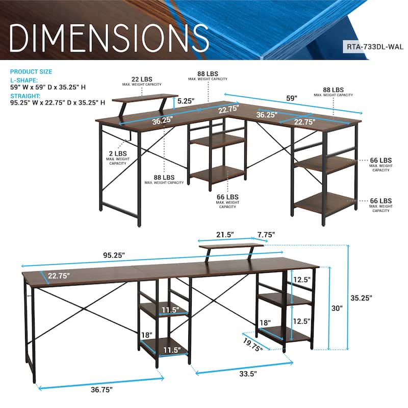L-Shape Industrial Desk with storage shelves, Walnut